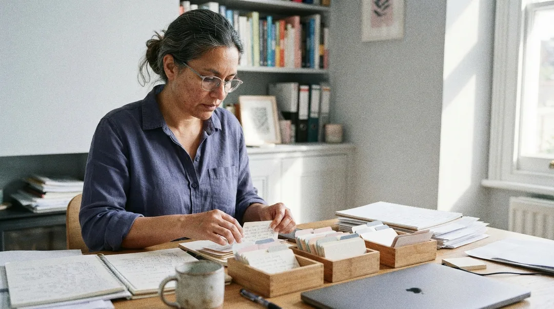 Advisor reviewing client notes arranged into four cards marked experience expertise authority and trustworthiness