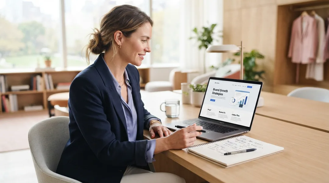 Consultant reviewing a website homepage with proof, fit, and next step notes beside a laptop Consultant reviewing a website homepage with proof, fit, and next step notes beside a laptop