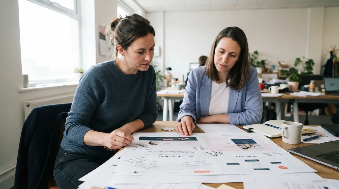 Consultant reviewing a website proof section with a client Consultant reviewing a website proof section with a client quote, project notes, and a before-and-after message map