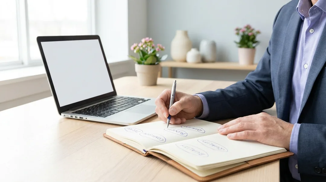 Service business owner marking clear client problem words in a notebook beside a laptop Service business owner marking clear client problem words in a notebook beside a laptop