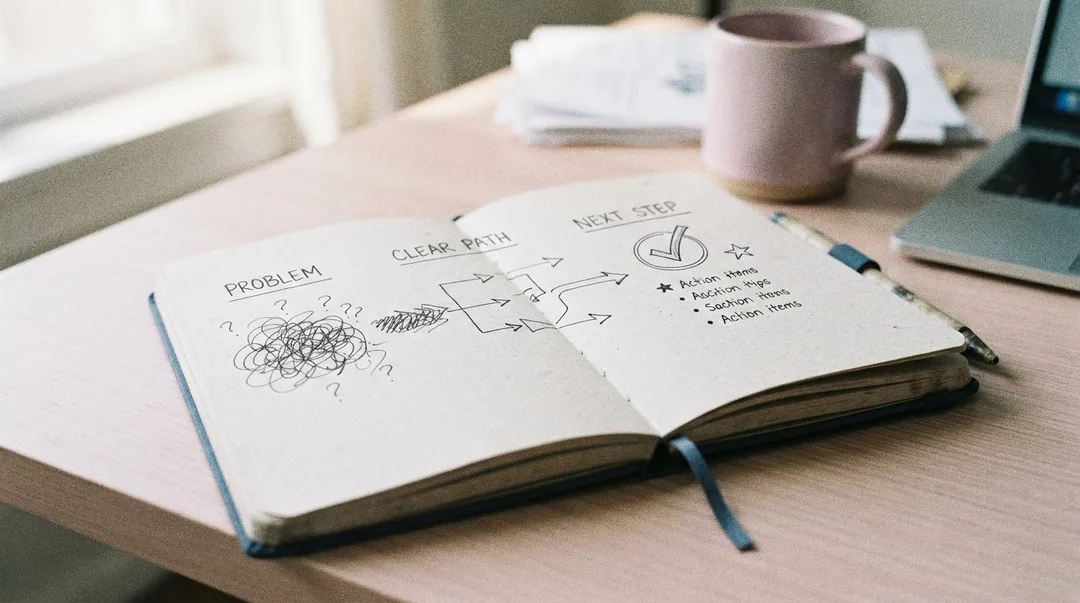 Simple website copy process diagram showing problem, clear Simple website copy process diagram showing problem, clear path, and next step on a navy notebook