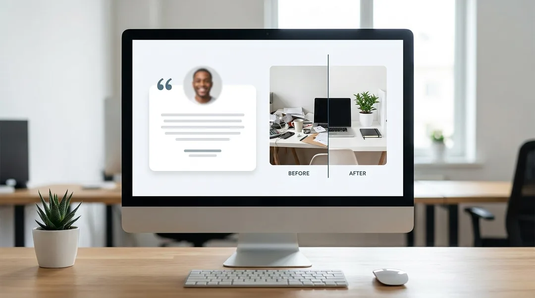 Website section showing a client quote beside a short before-and-after service example Website section showing a client quote beside a short before-and-after service example