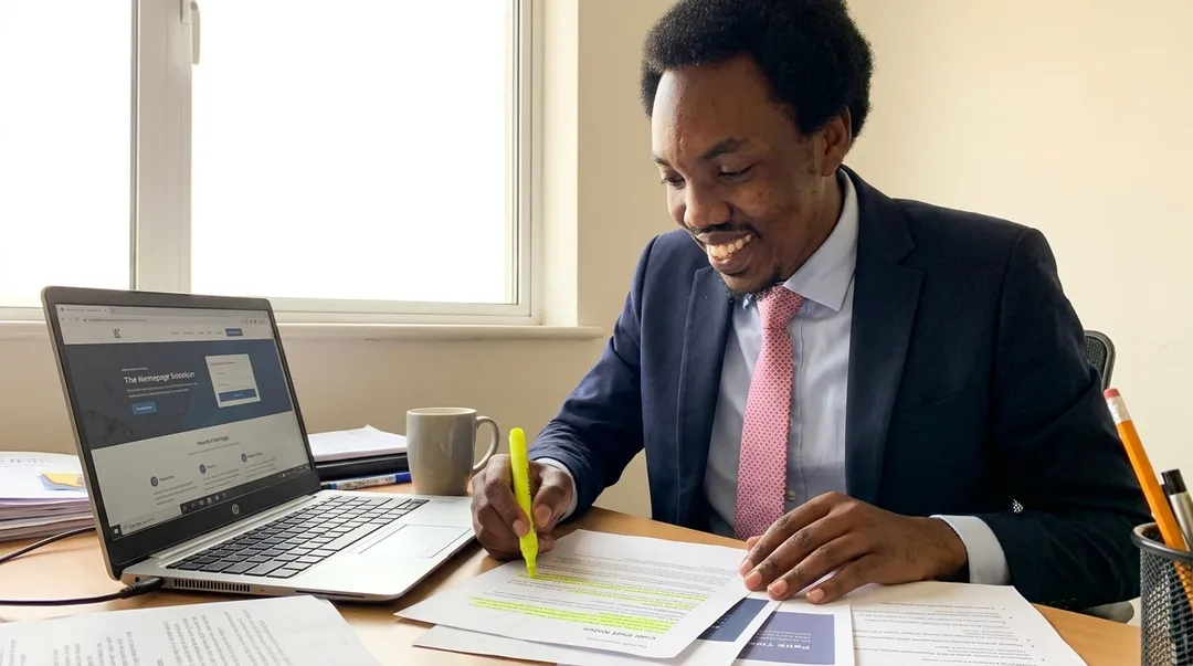 Consultant highlighting client phrases in printed call Consultant highlighting client phrases in printed call notes beside a laptop showing a homepage draft
