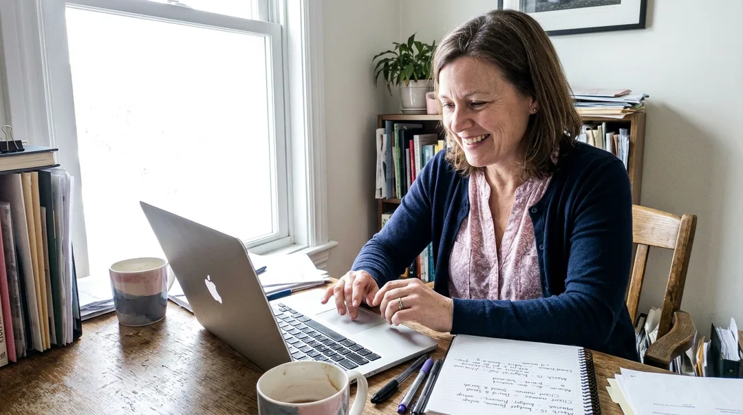 Service business owner reading a new inquiry on a laptop beside handwritten client notes