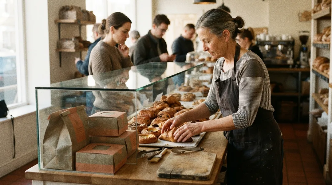 A bakery owner arranging pastries beside stacks of branded packaging