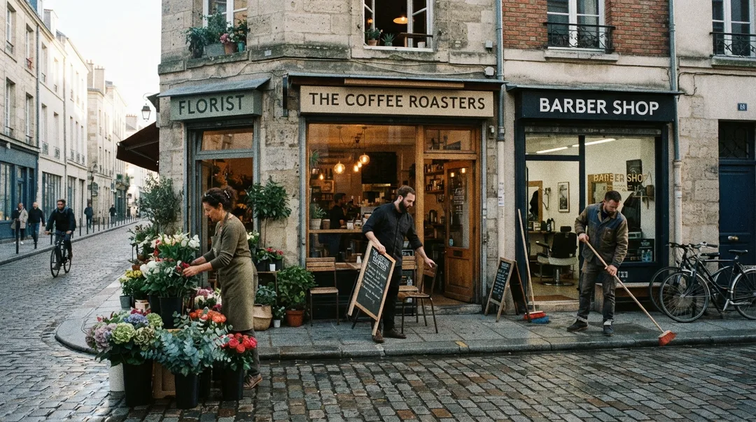 A street of small local businesses, a florist, a cafe and a barber, opening for the day
