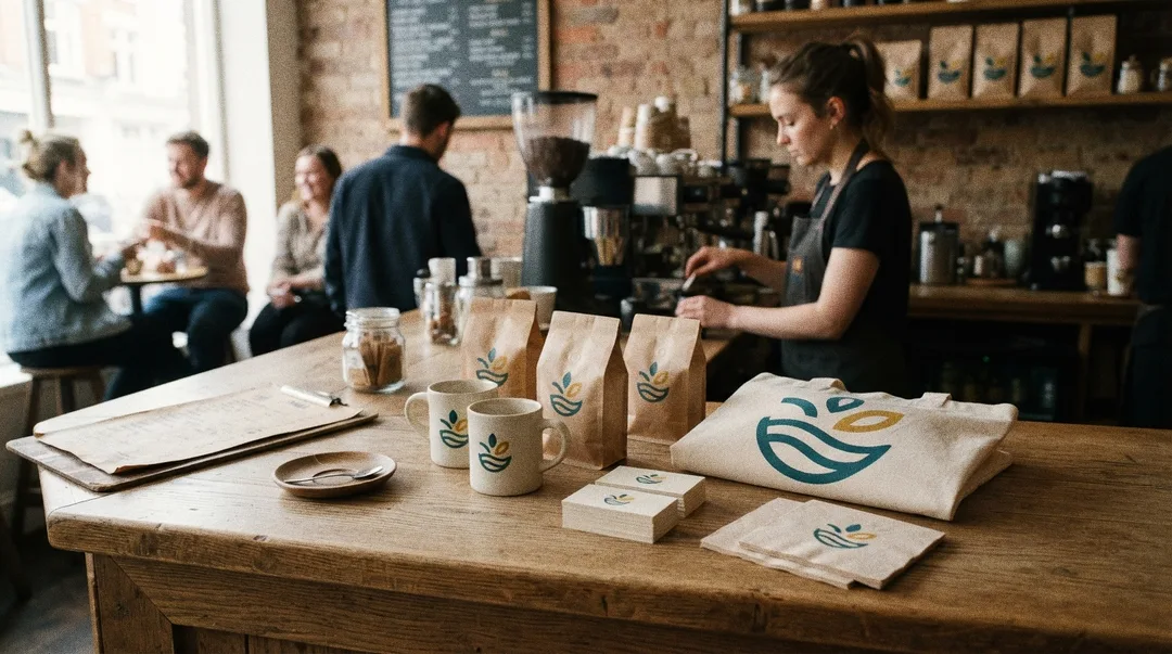 Matching branded cups, bags, a tote and business cards on a cafe counter