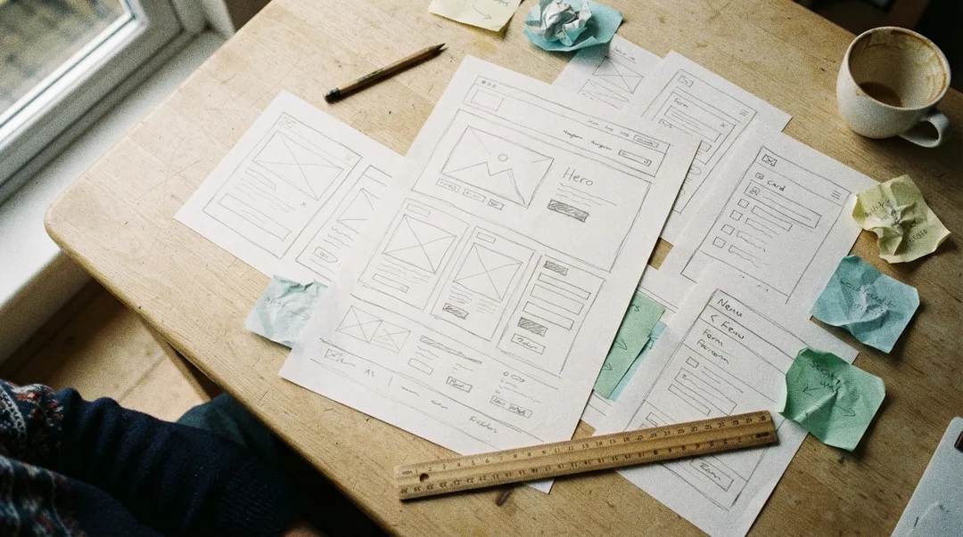 Paper wireframe sketches of a web page layout with sticky notes and a pencil
