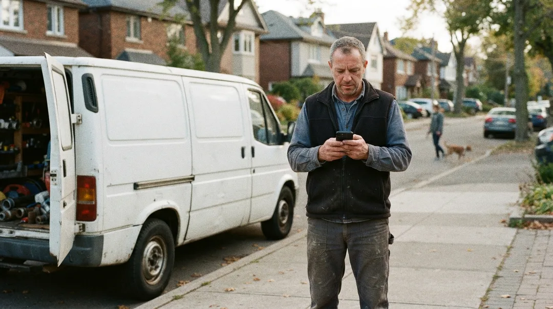 A plumber beside his van reading a new booking on his phone