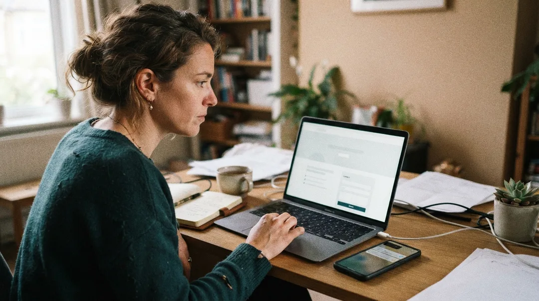A small business owner at her desk reviewing a lead generation landing page on a laptop