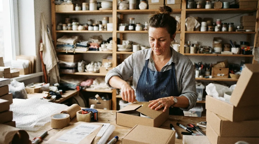 An online shop owner packing orders into kraft boxes