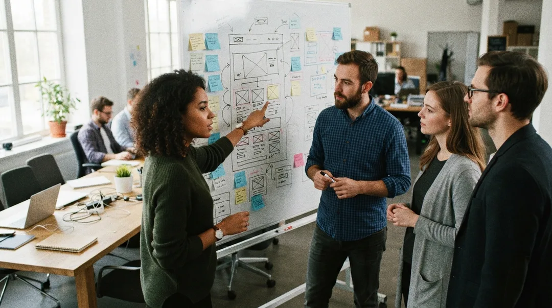 A small team planning a website sitemap on a whiteboard of sticky notes