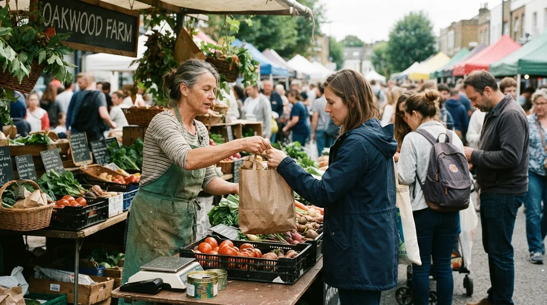 A market vendor handing a paper bag to a customer at a busy weekend stall