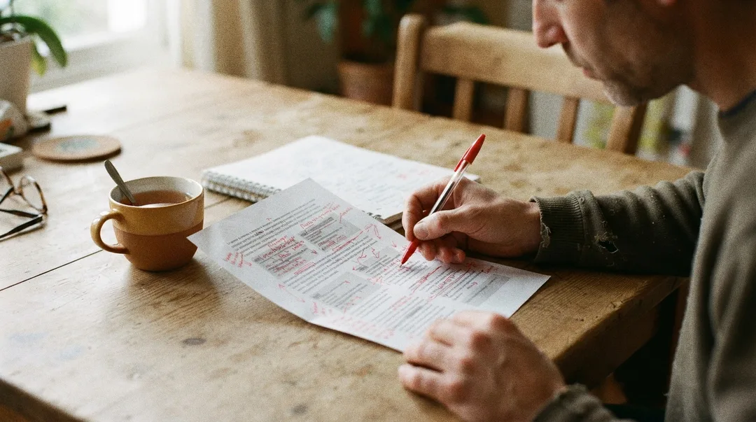 A writer editing a printed page of website copy with a red pen